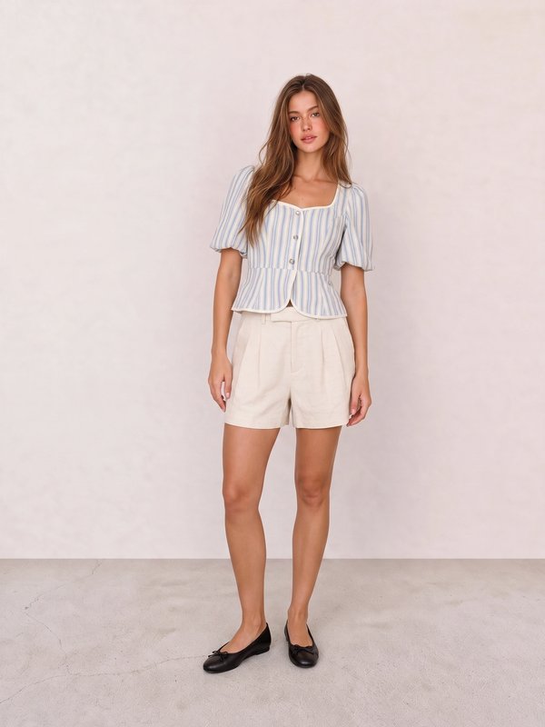 Blue Striped Puff-Sleeve Peplum Blouse & Beige Pleated Tailored Shorts