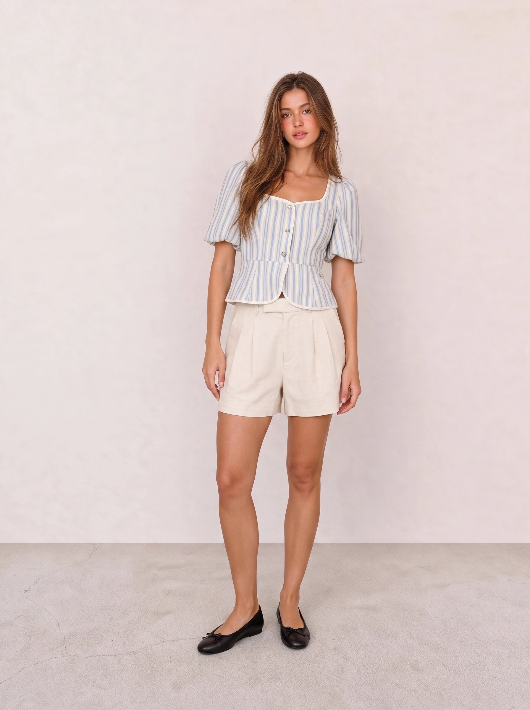 Blue Striped Puff-Sleeve Peplum Blouse & Beige Pleated Tailored Shorts