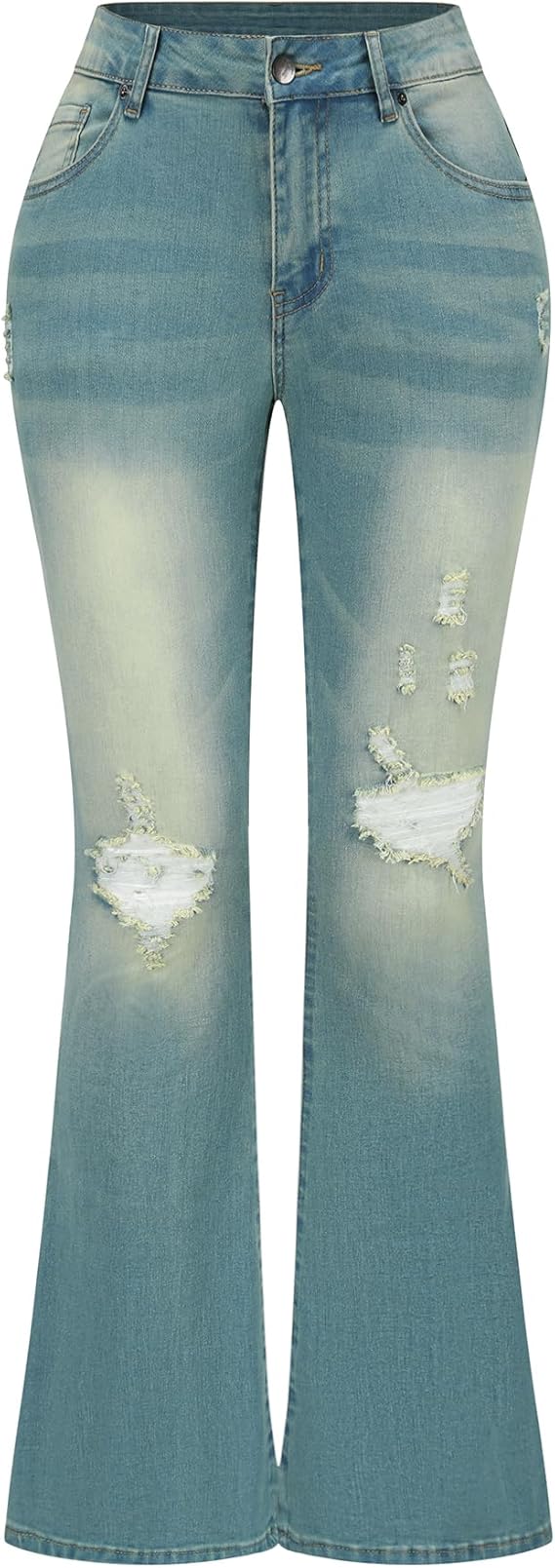 Light-Wash Distressed Flared Jeans