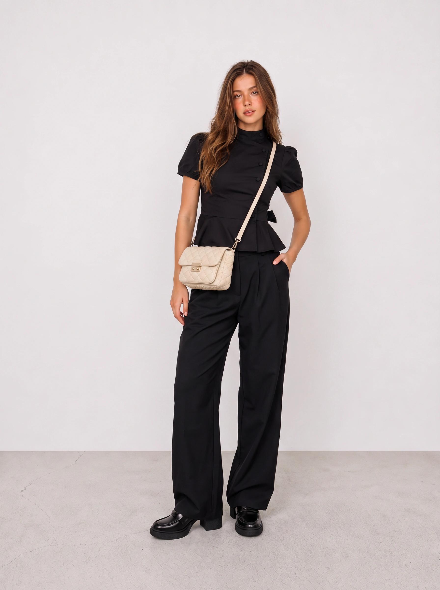 Black Buttoned Top and Wide-Leg Trousers Office Outfit