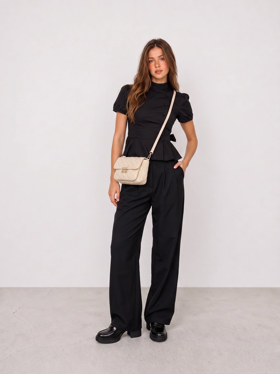 Woman wearing a black buttoned top, black wide-leg trousers, black loafers, and a cream crossbody bag
