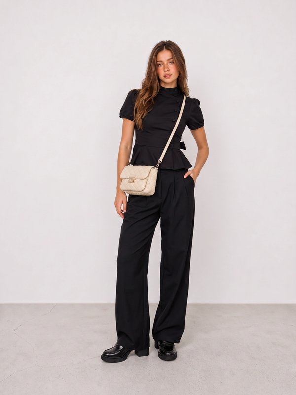 Black Buttoned Top and Wide-Leg Trousers Office Outfit