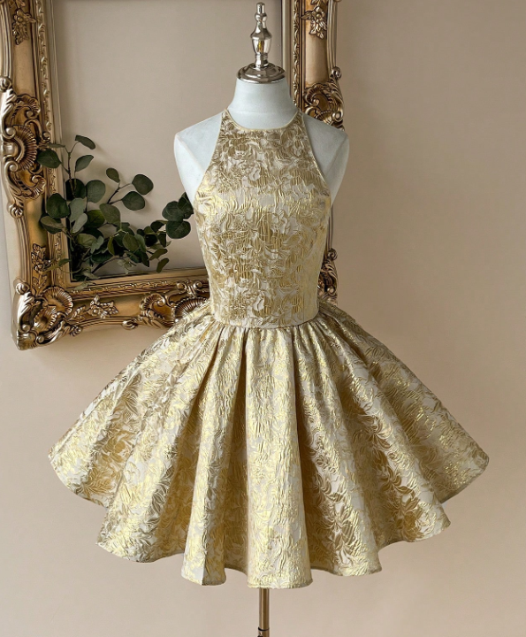 Gold Jacquard Fit-and-Flare Mini Dress