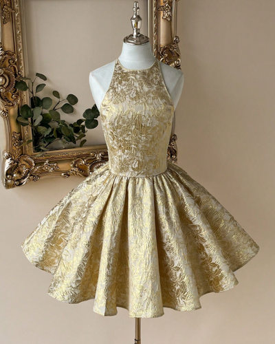 Gold Jacquard Fit-and-Flare Mini Dress