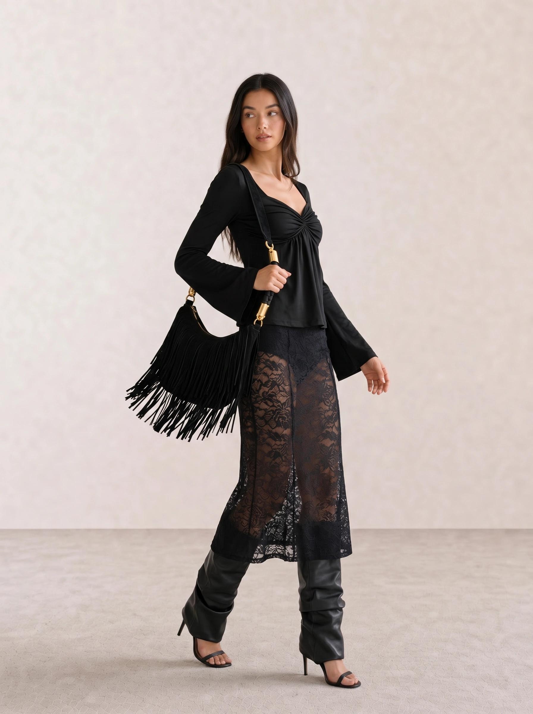 Flare Sleeve Top & Lace Midi Skirt with Fringe Bag