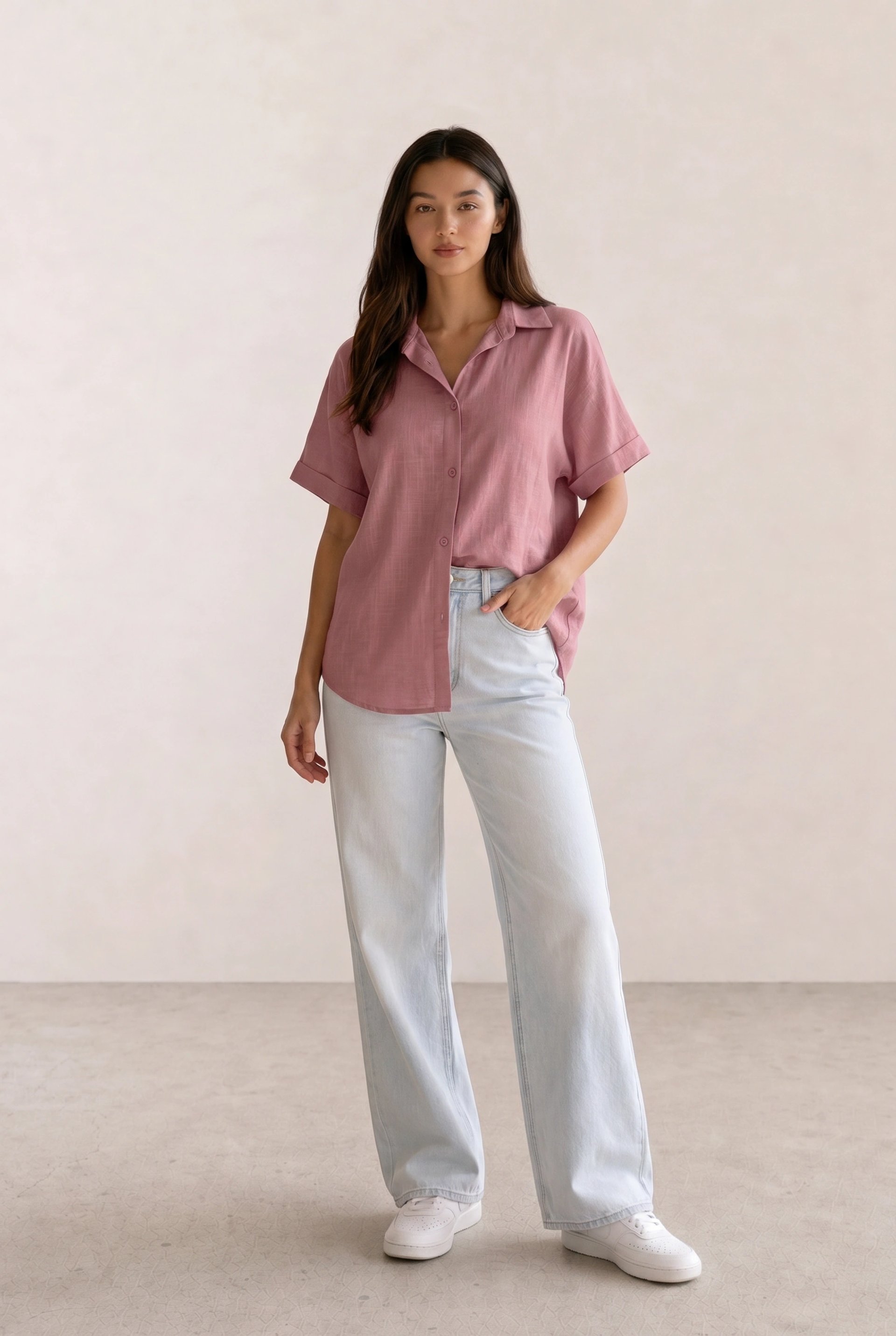 Mauve Linen Shirt & Bleached Wide-Leg Jeans