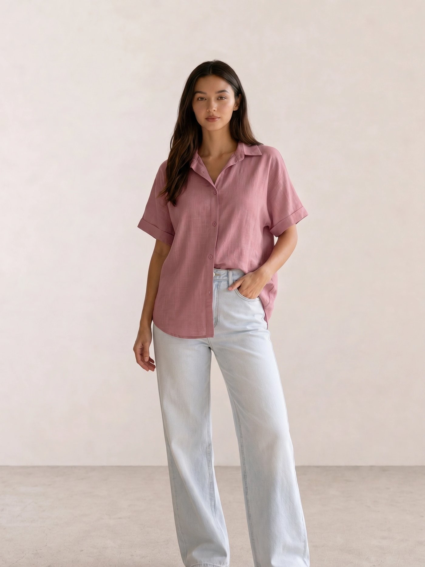 Mauve Linen Shirt & Bleached Wide-Leg Jeans