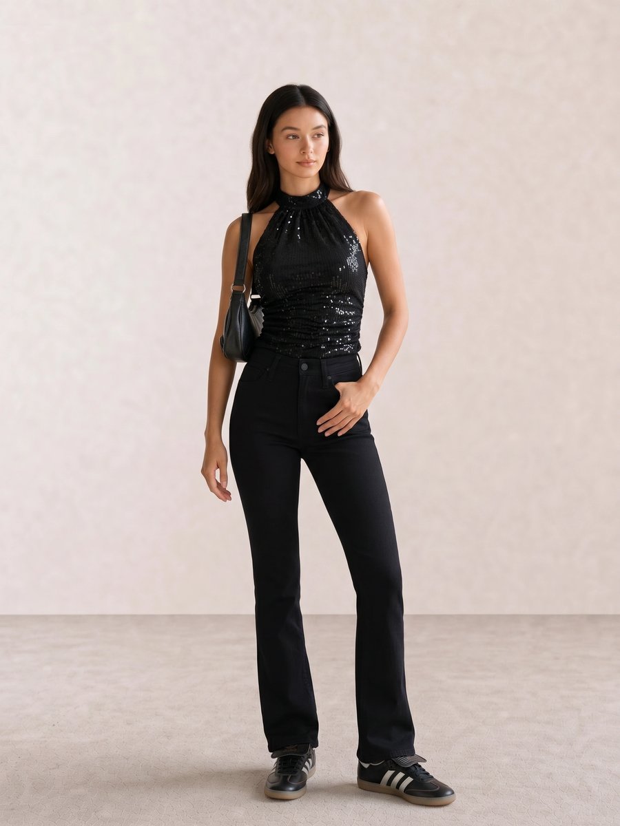 Black outfit with a beaded sequin halter top, high-waisted black flare jeans, and black Samba sneakers