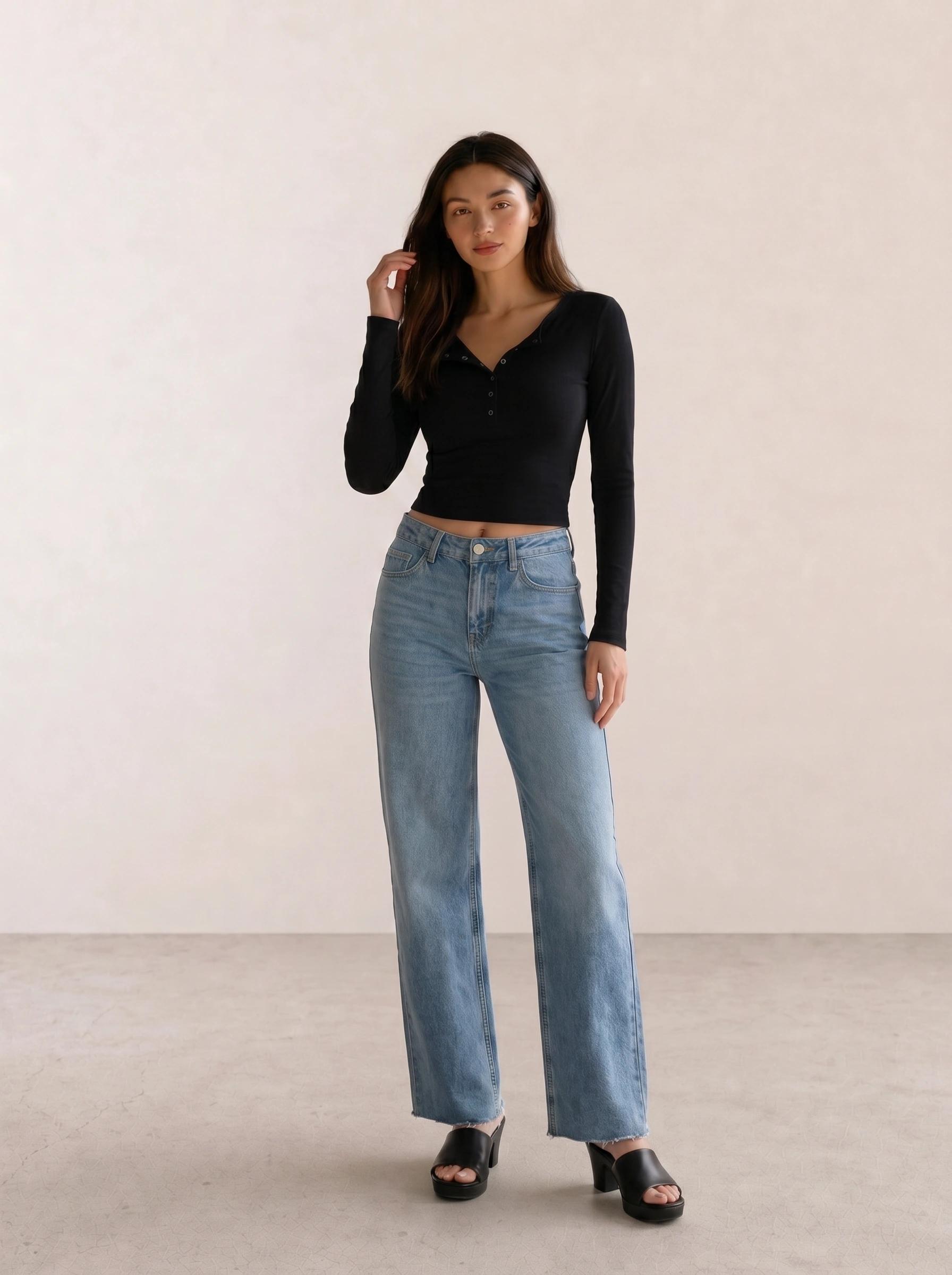 Black Henley Crop Top & Light Wash Wide-Leg Jeans