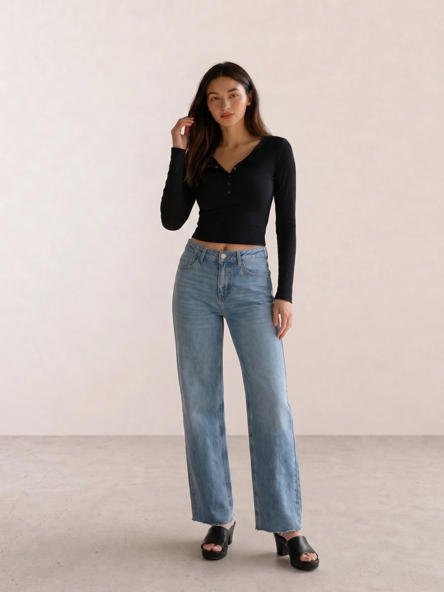 Basic casual outfit with a black henley crop top, light wash wide-leg jeans, and black platform mules