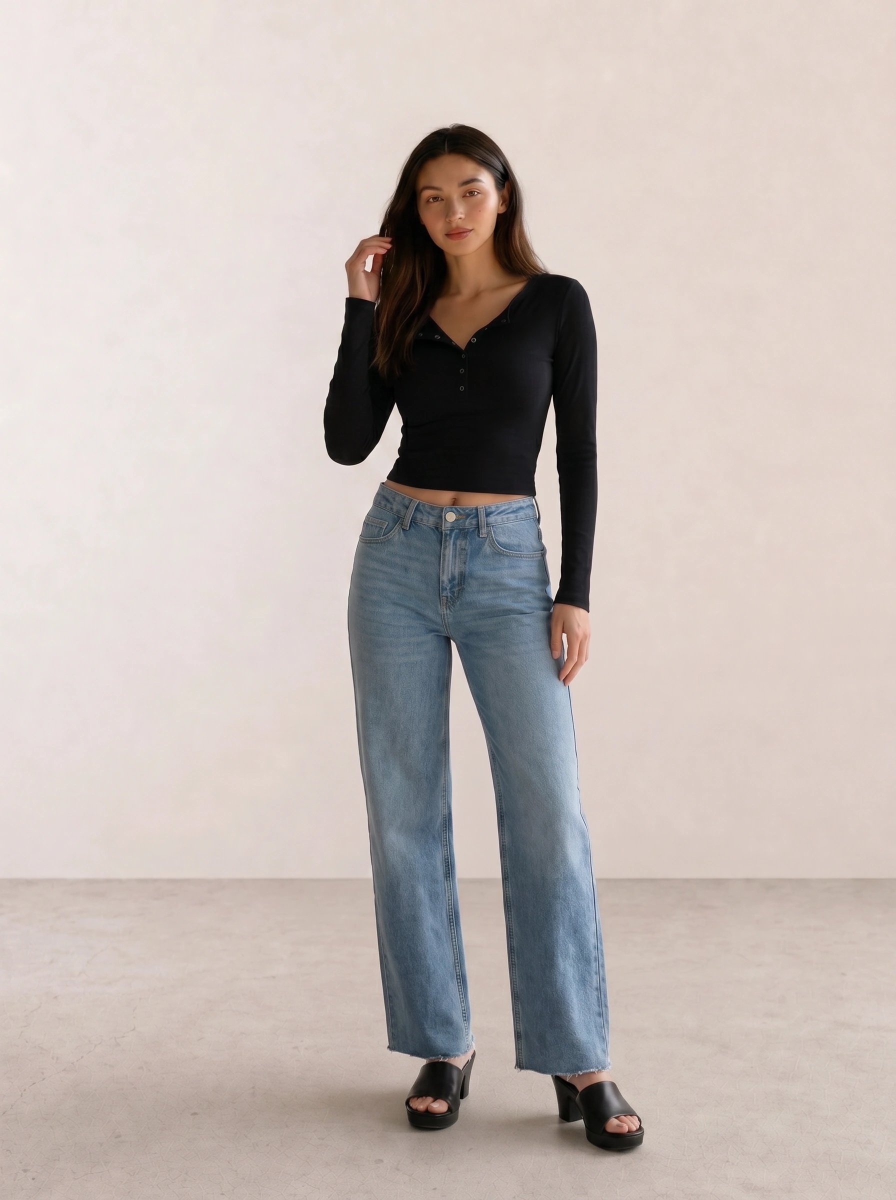 Black Henley Crop Top & Light Wash Wide-Leg Jeans