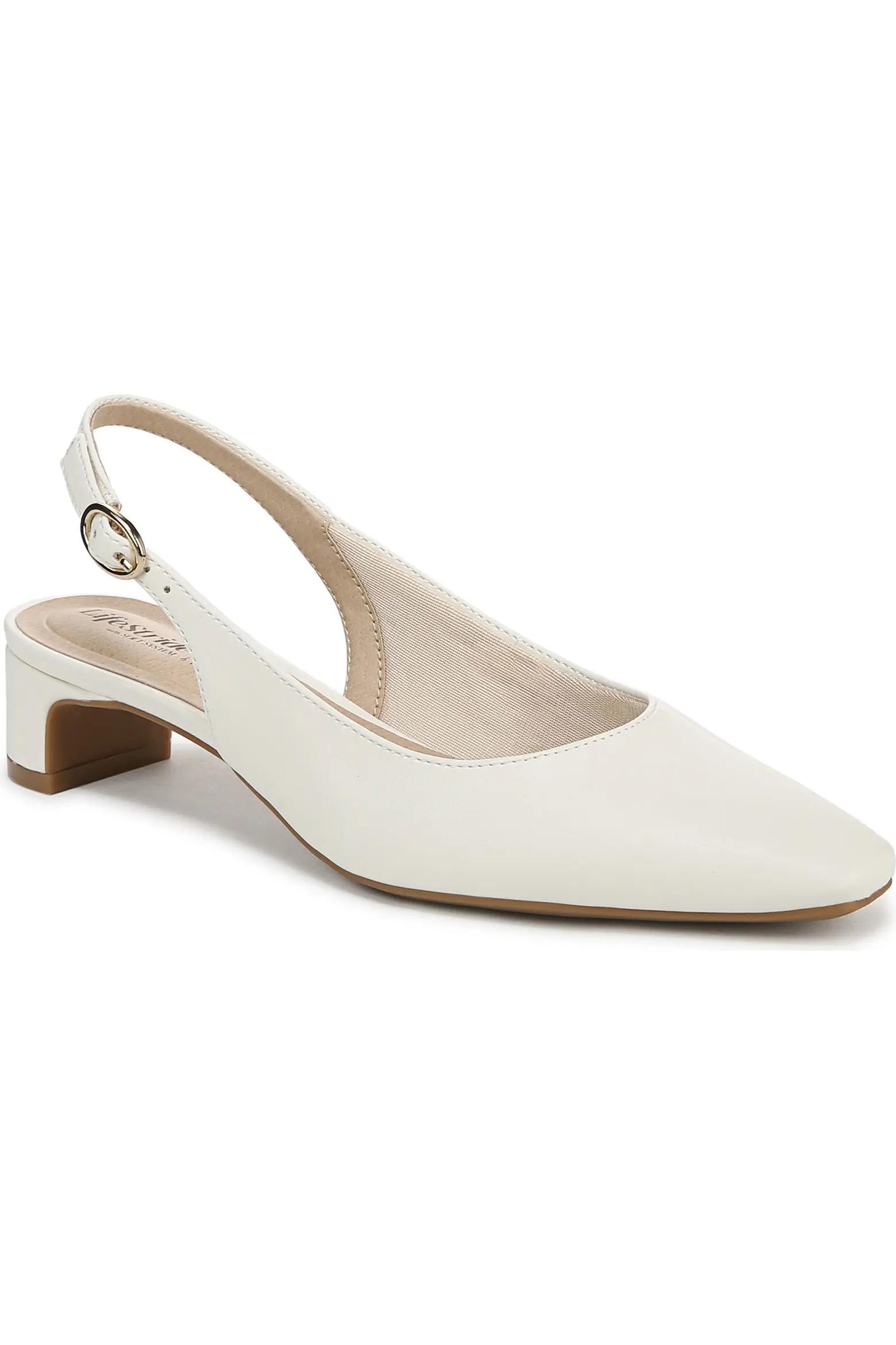 White Low-Heel Slingback Pumps