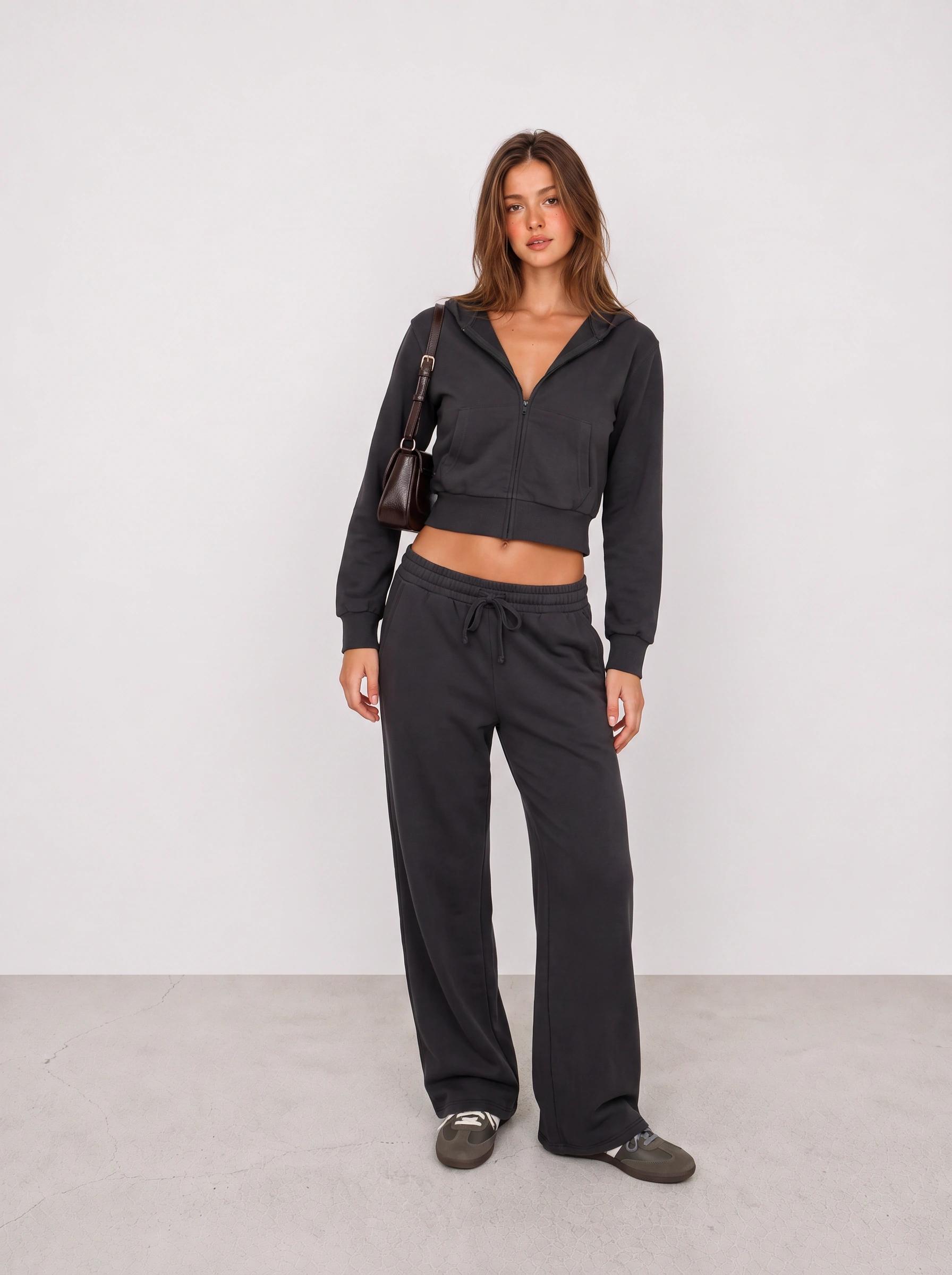 Black Zip Hoodie and Wide-Leg Sweatpants Outfit