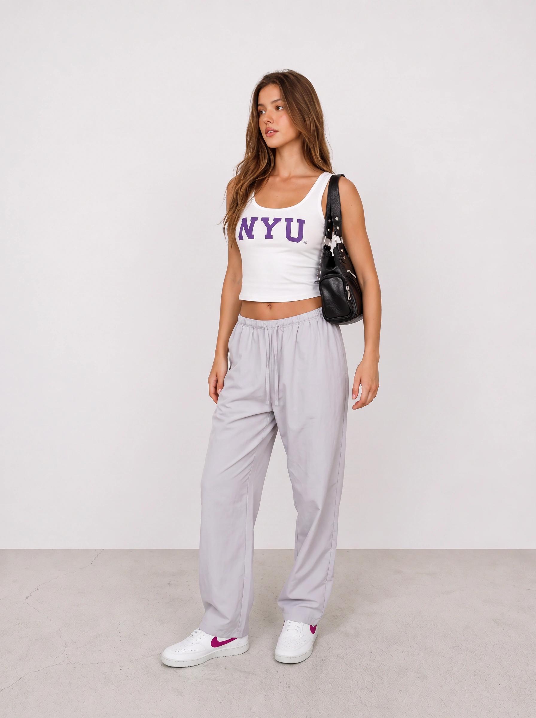 NYU Tank and Grey Travel Trousers Outfit