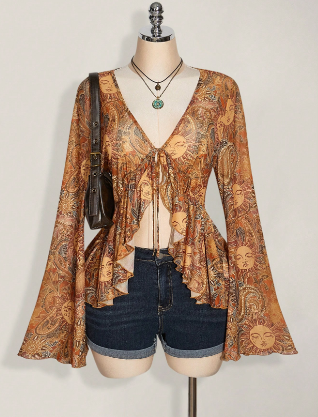 Rust Sun Print Bell Sleeve Top