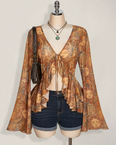 Rust Sun Print Bell Sleeve Top
