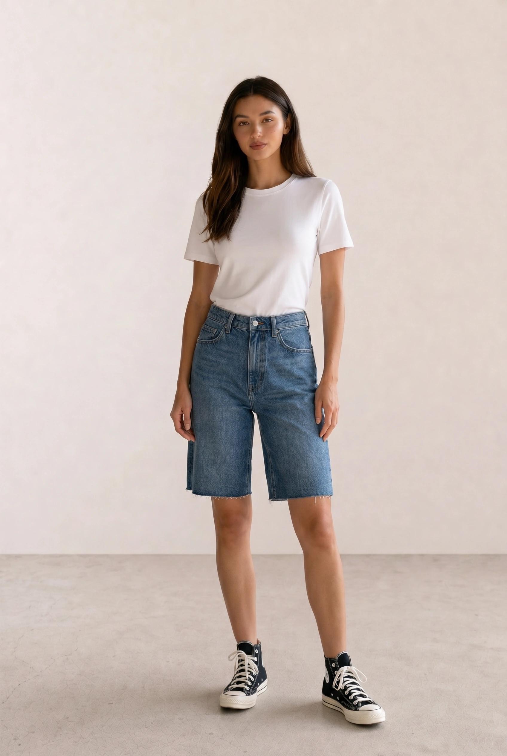 White Tee & Denim Bermuda Shorts