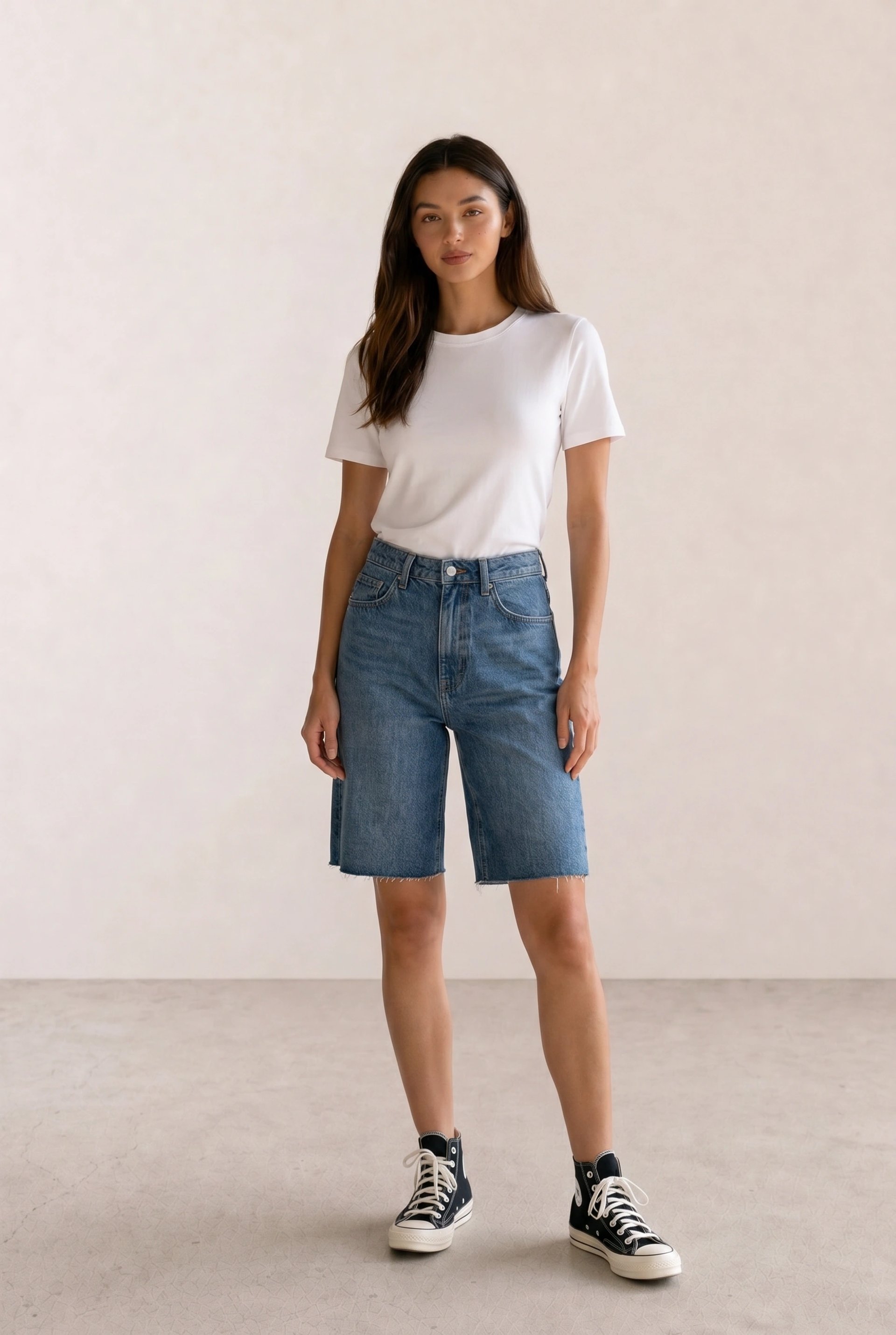 White Tee & Denim Bermuda Shorts