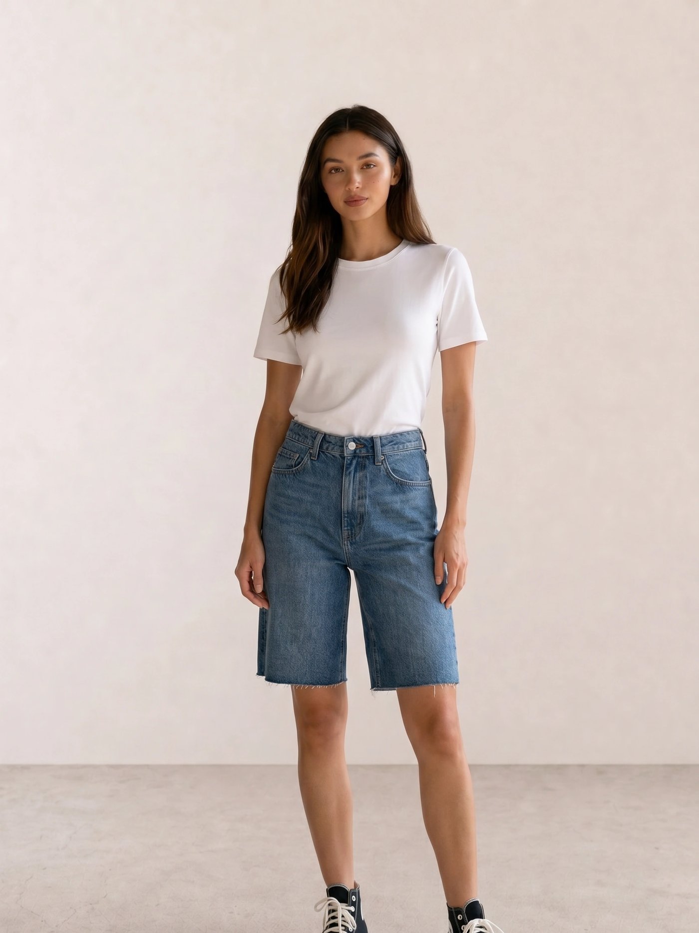 White Tee & Denim Bermuda Shorts