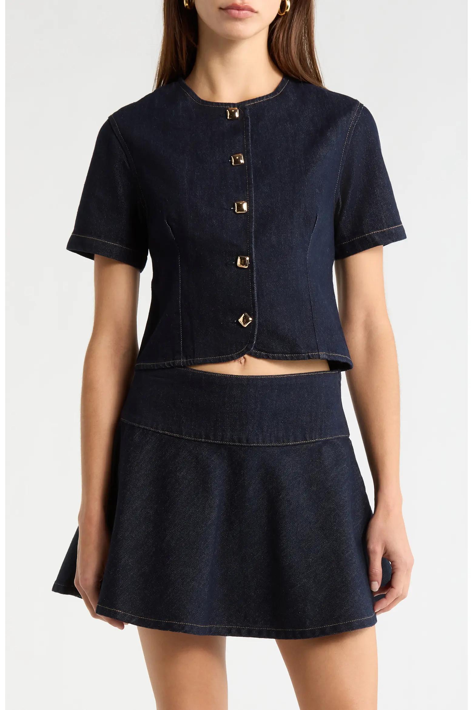 Navy Short-Sleeve Denim Button Top