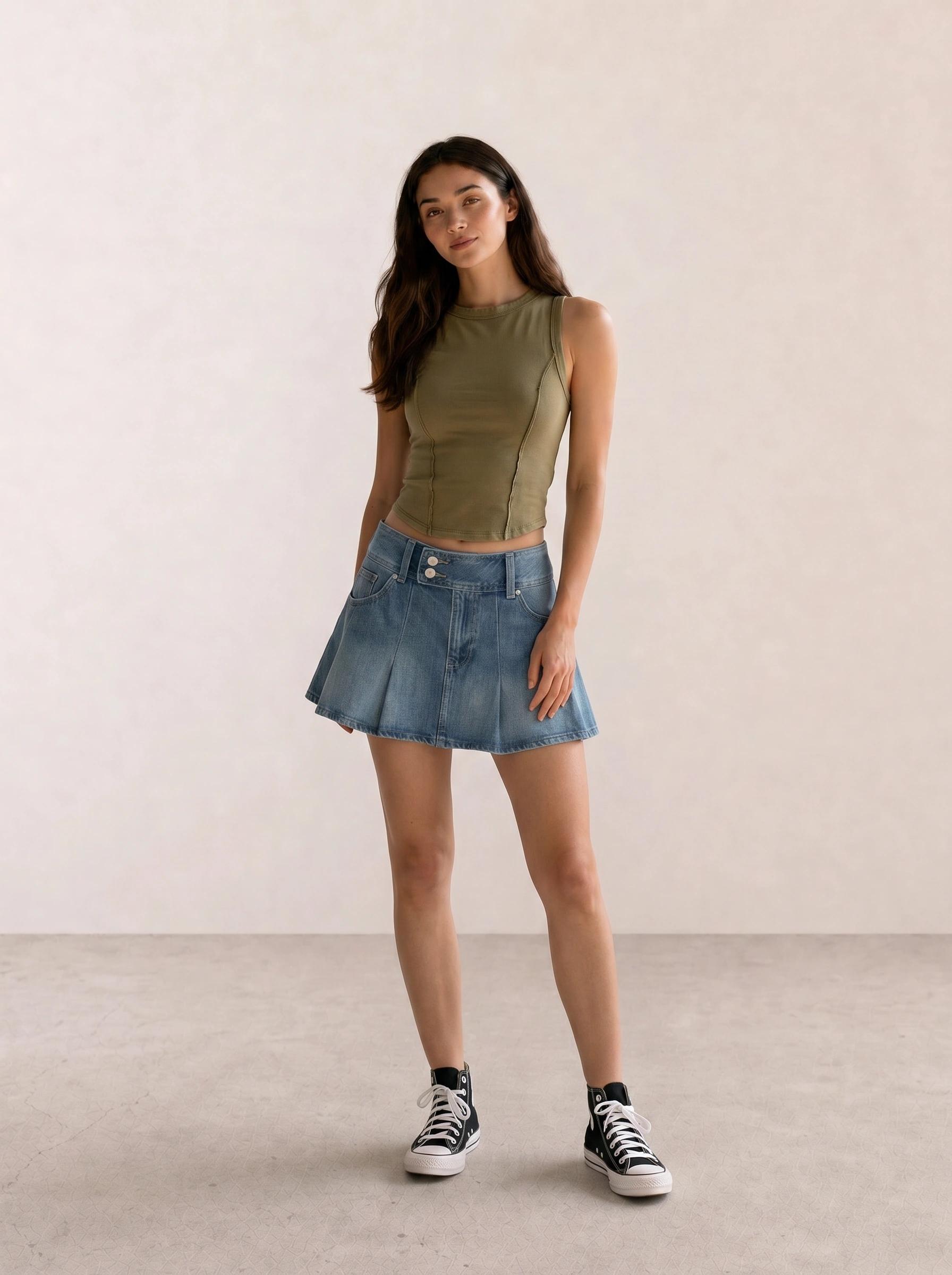 Olive Crop Tank & Denim Pleated Mini Skirt