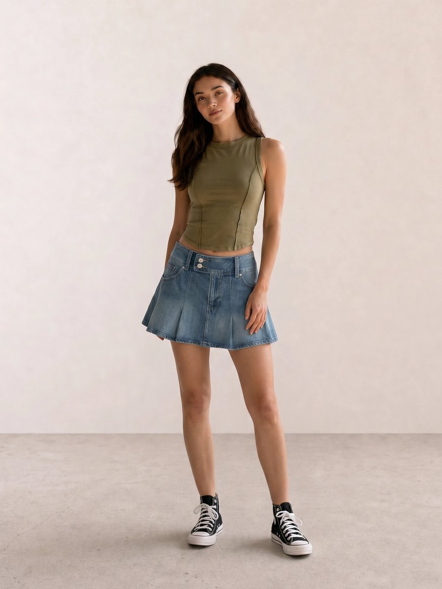 Retro casual outfit with olive crop tank top, denim pleated mini skirt, and black Converse