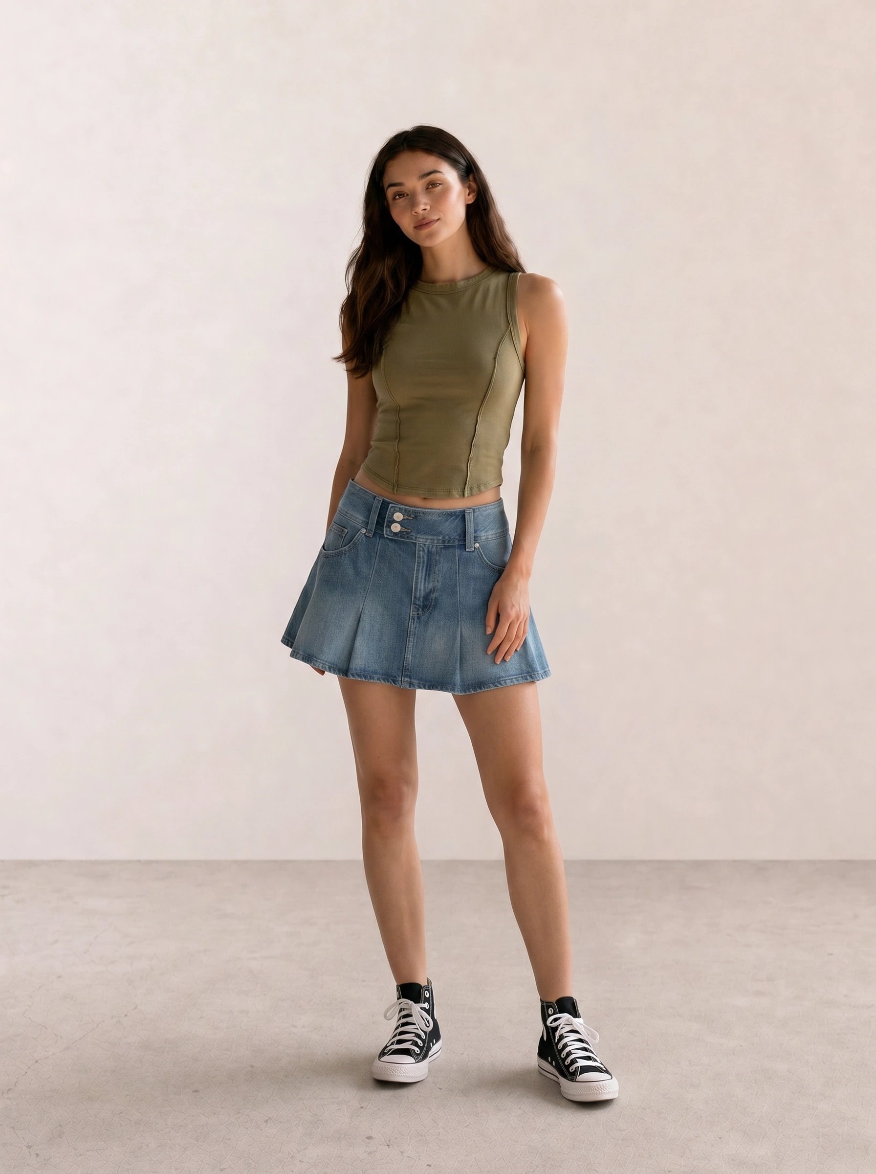 olive ribbed crop tank with light wash denim pleated mini skirt and black high-top canvas sneakers — casual retro vintage outfit idea