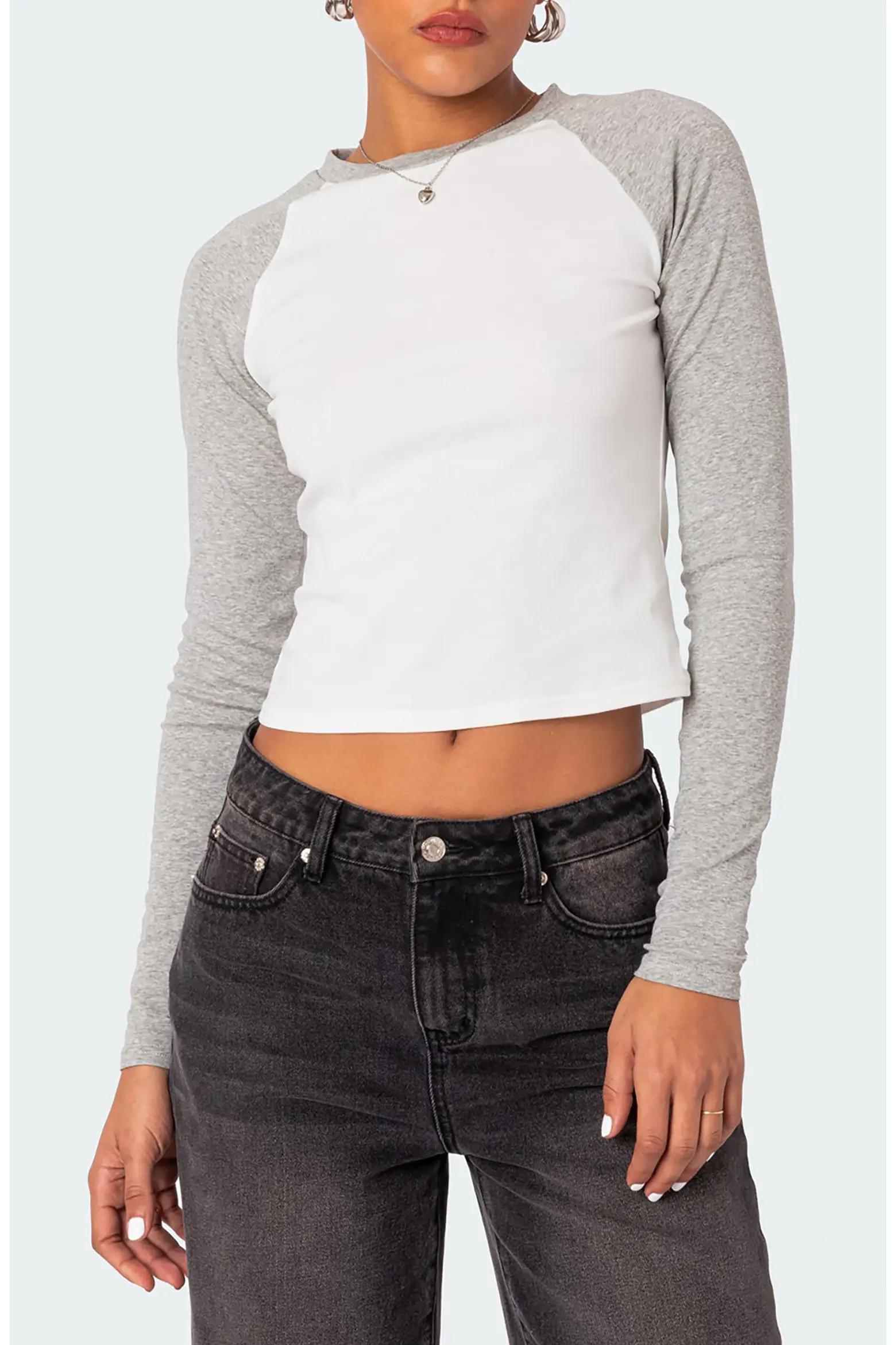 White and Grey Raglan Long-Sleeve Top