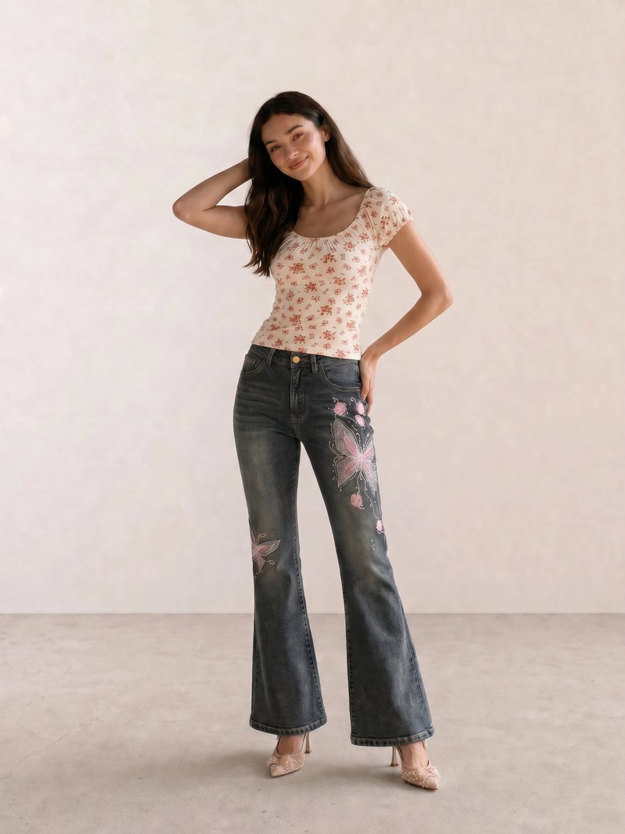 Cream daisy bodysuit with floral embroidered flare jeans and Steve Madden blush heels
