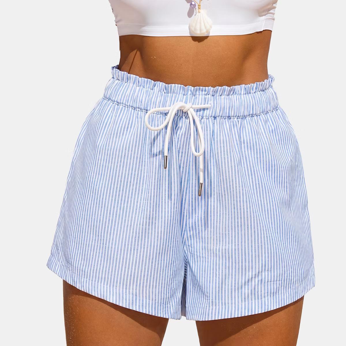 Blue Striped Drawstring Shorts