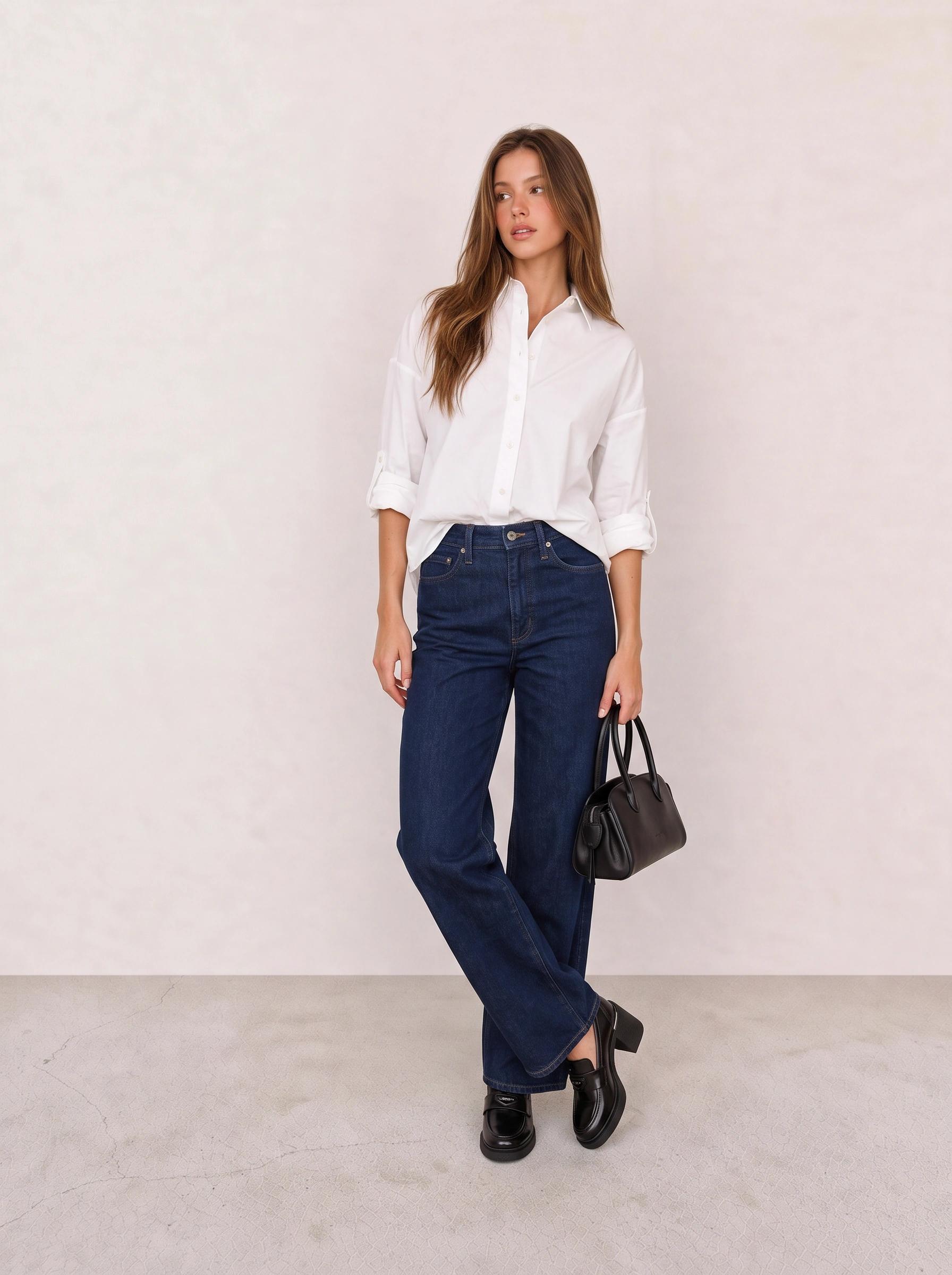 White Button-Down Shirt & Dark Blue Wide-Leg Jeans