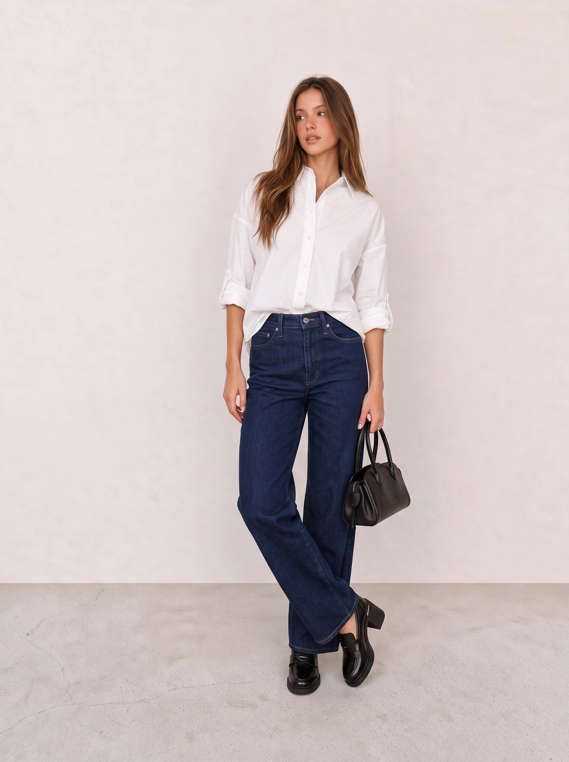 White Button-Down Shirt & Dark Blue Wide-Leg Jeans