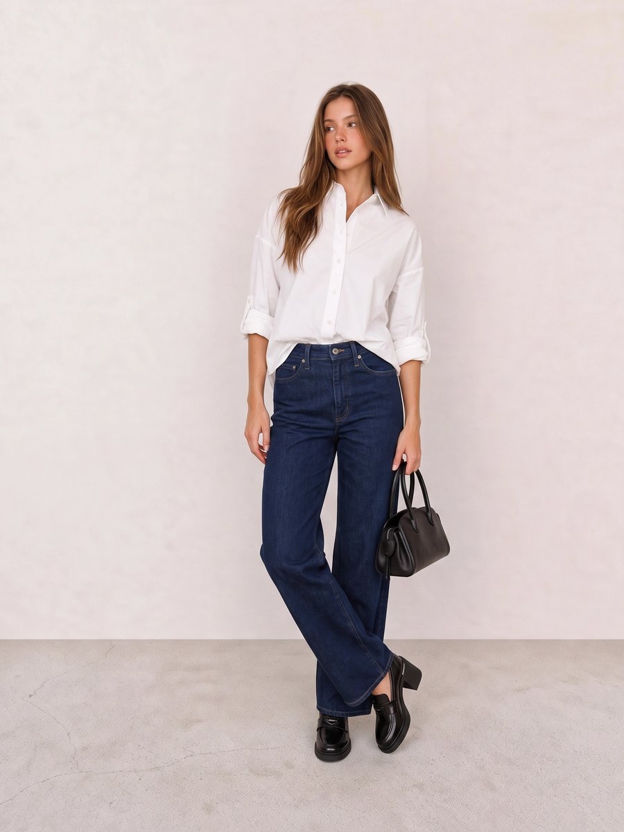 Old money look with white button-down shirt & dark blue wide-leg jeans and black block-heel loafers