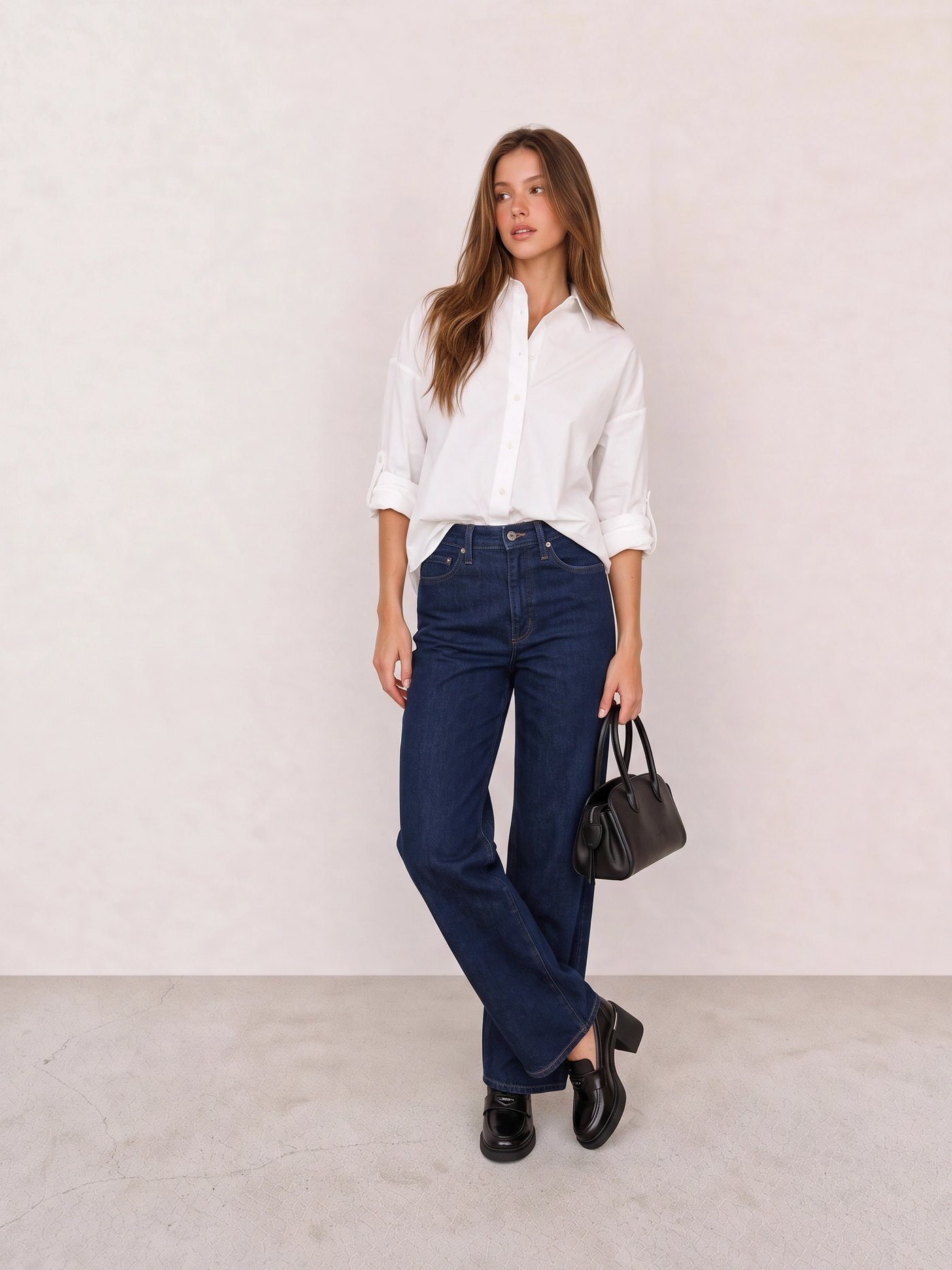 White Button-Down Shirt & Dark Blue Wide-Leg Jeans