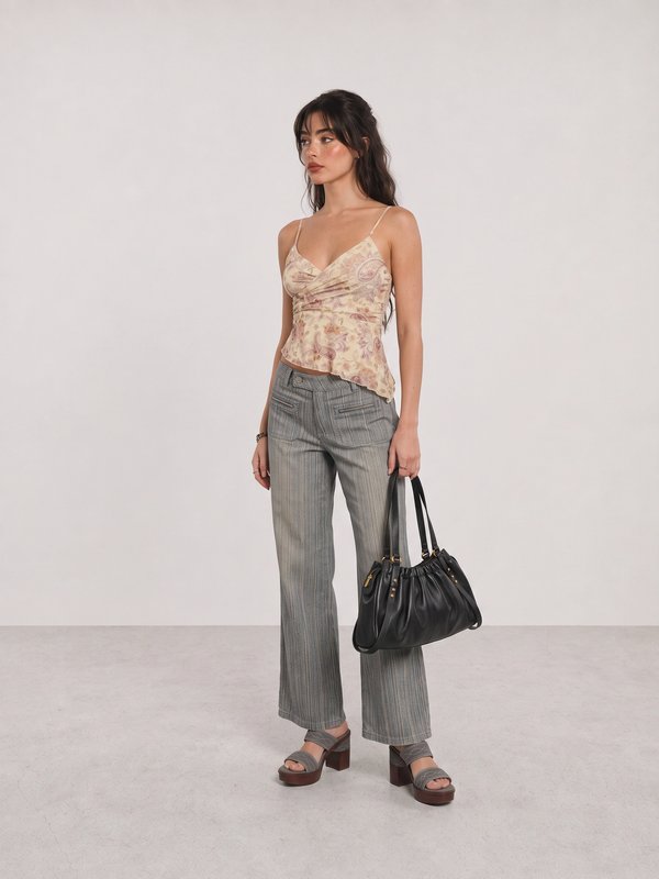 Paisley Camisole and Grey Pinstripe Trousers Y2K Outfit