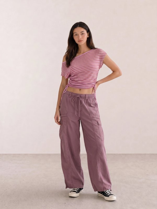 Striped Asymmetric Top & Purple Cargo Pants