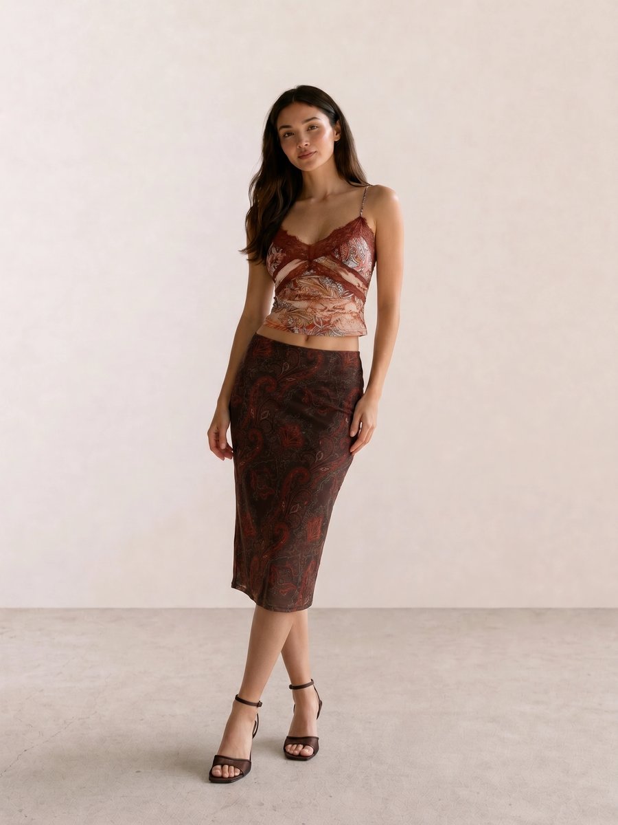 Retro vintage outfit with burgundy paisley mesh cami, dark floral midi skirt, and dark brown stilettos