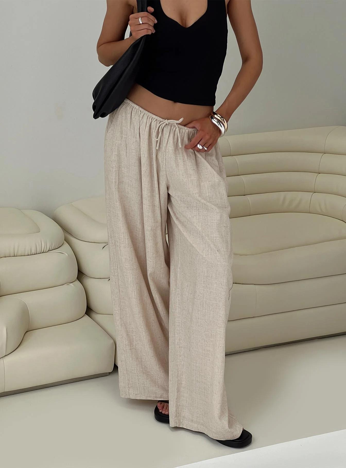 Beige Linen Wide-Leg Trousers