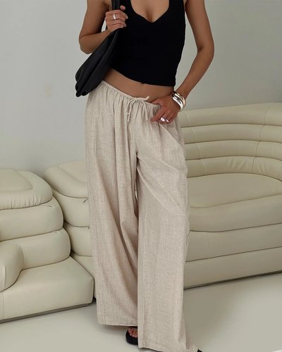 Beige Linen Wide-Leg Trousers