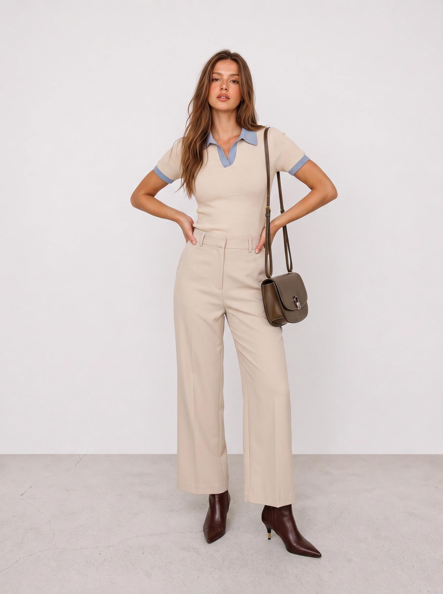 Cremefarbener Kragen-Strick und Hose Büro-Outfit