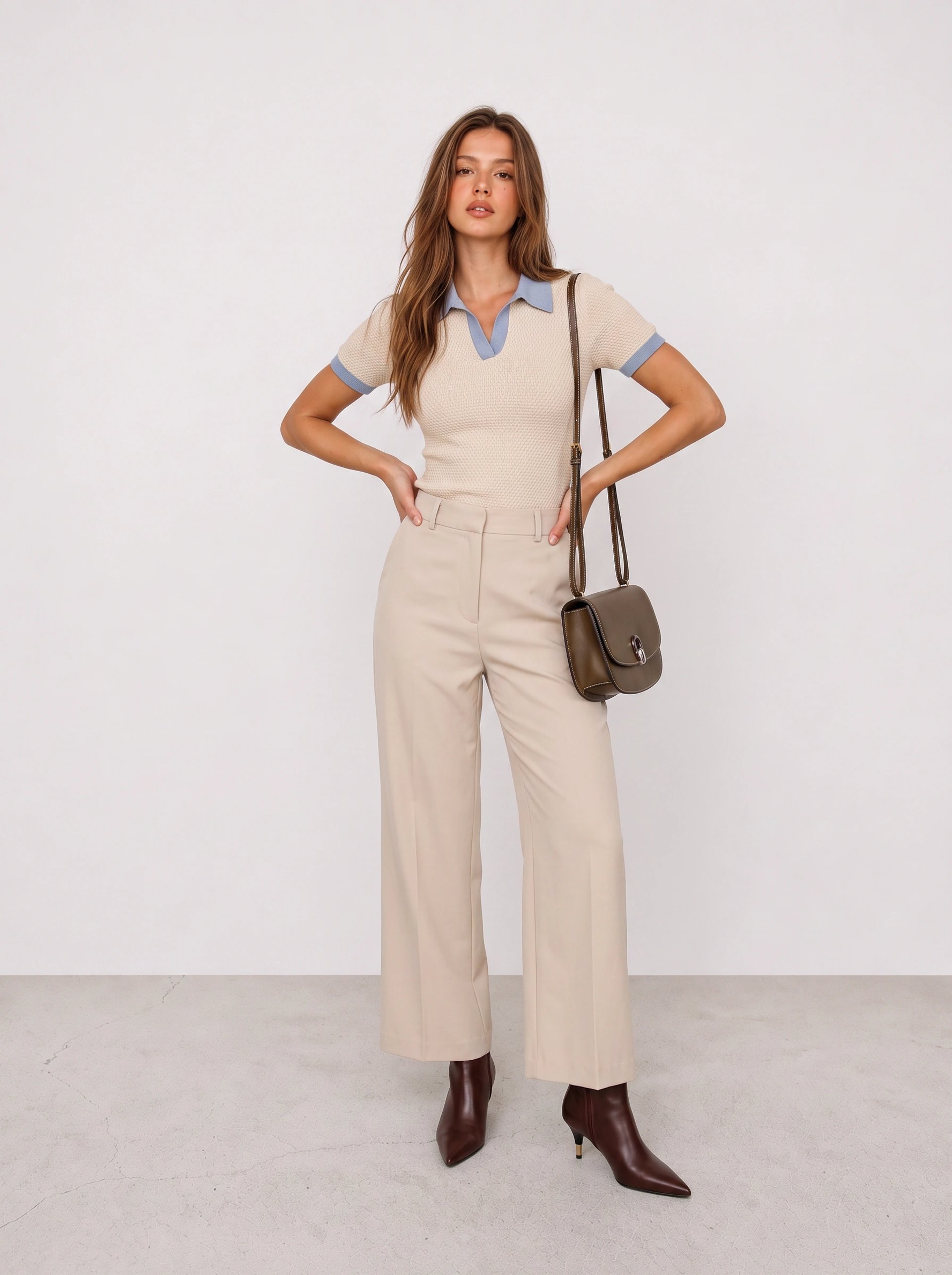 Cream Collared Knit and Trousers Office Outfit