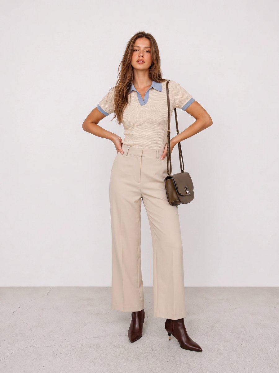Woman wearing a cream collared knit, cream trousers, brown ankle boots, and a brown shoulder bag