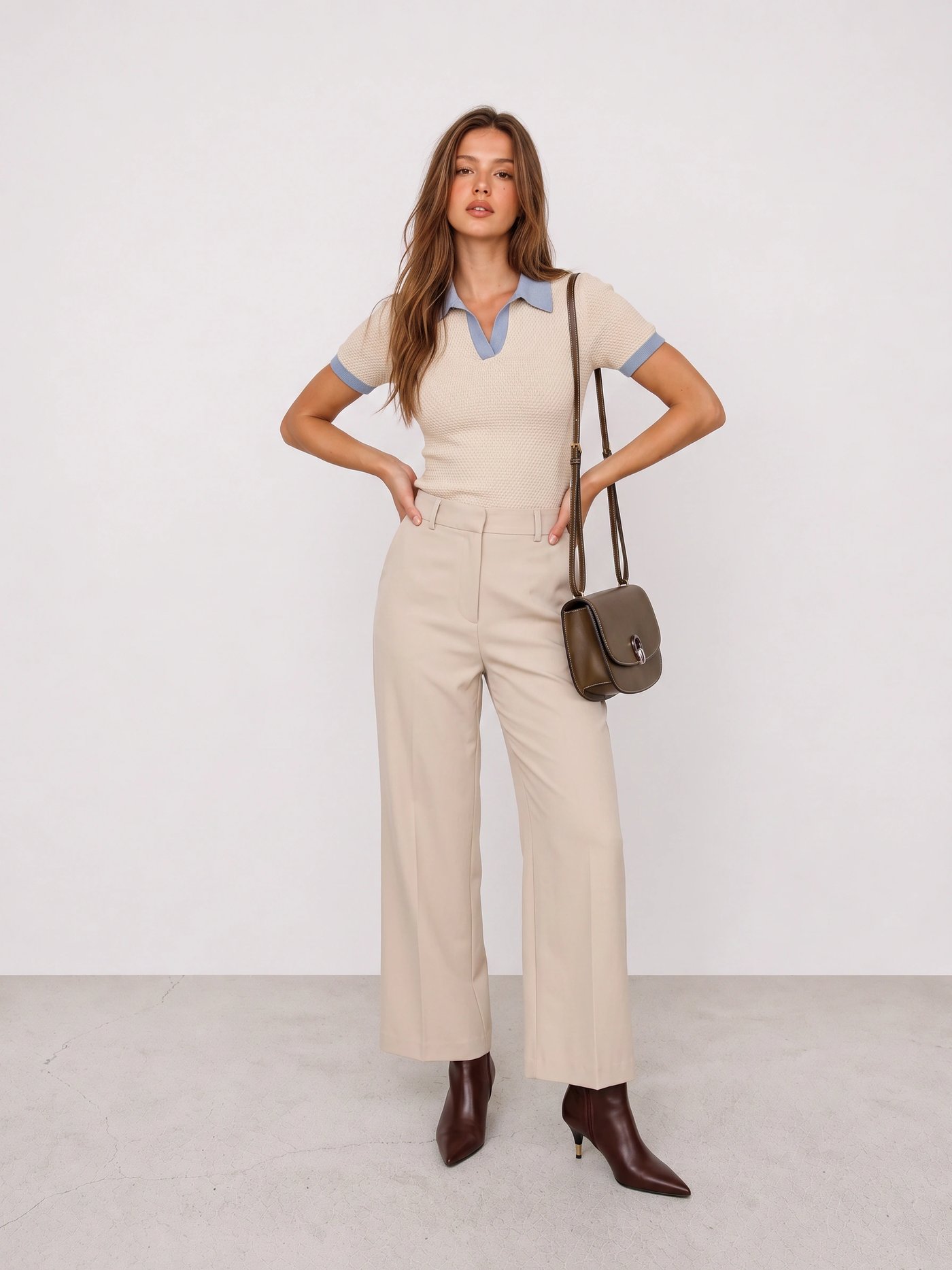 Cremefarbener Kragen-Strick und Hose Büro-Outfit