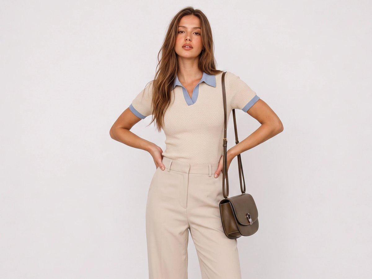 Cream Collared Knit and Trousers Office Outfit