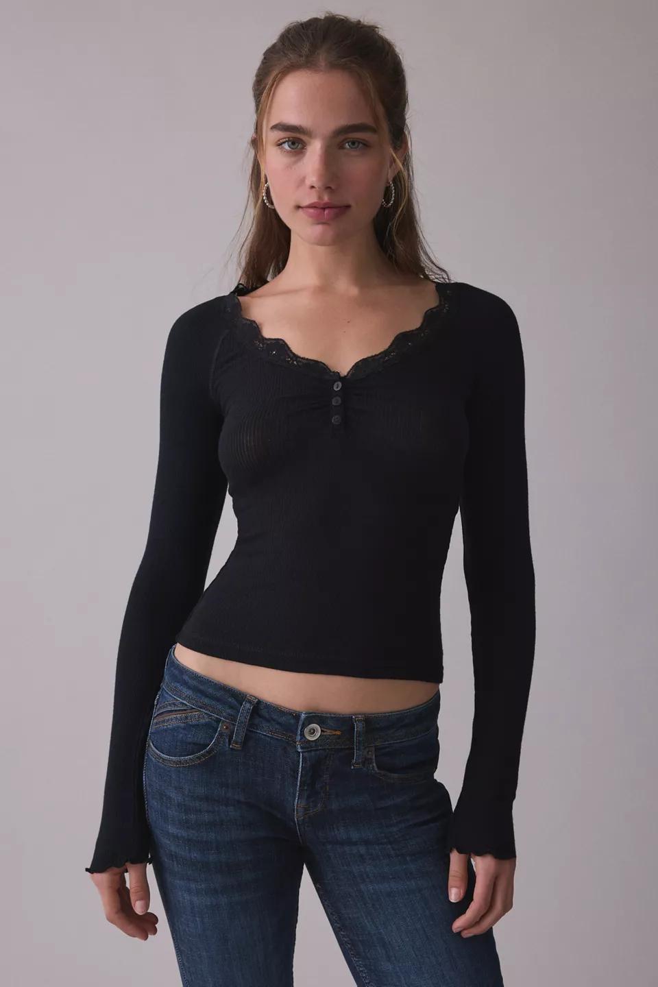 Black Lace-Trim Ribbed Henley Top