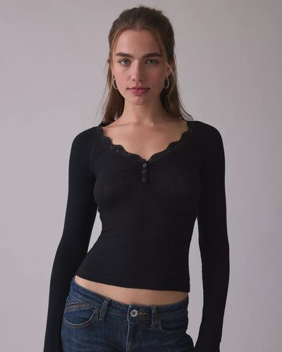 Black Lace-Trim Ribbed Henley Top