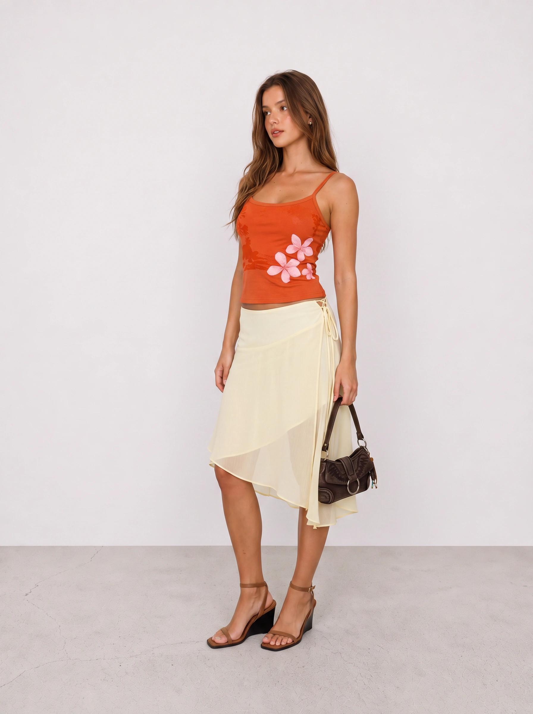 Orange Floral Tank and Yellow Wrap Skirt Outfit