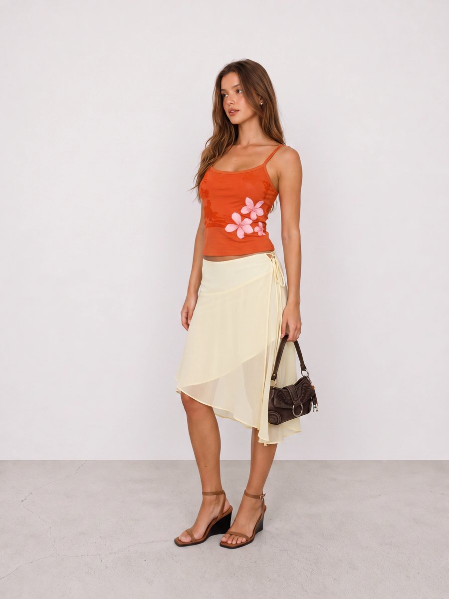 Woman wearing an orange floral tank, yellow wrap skirt, brown sandals, and a brown bag
