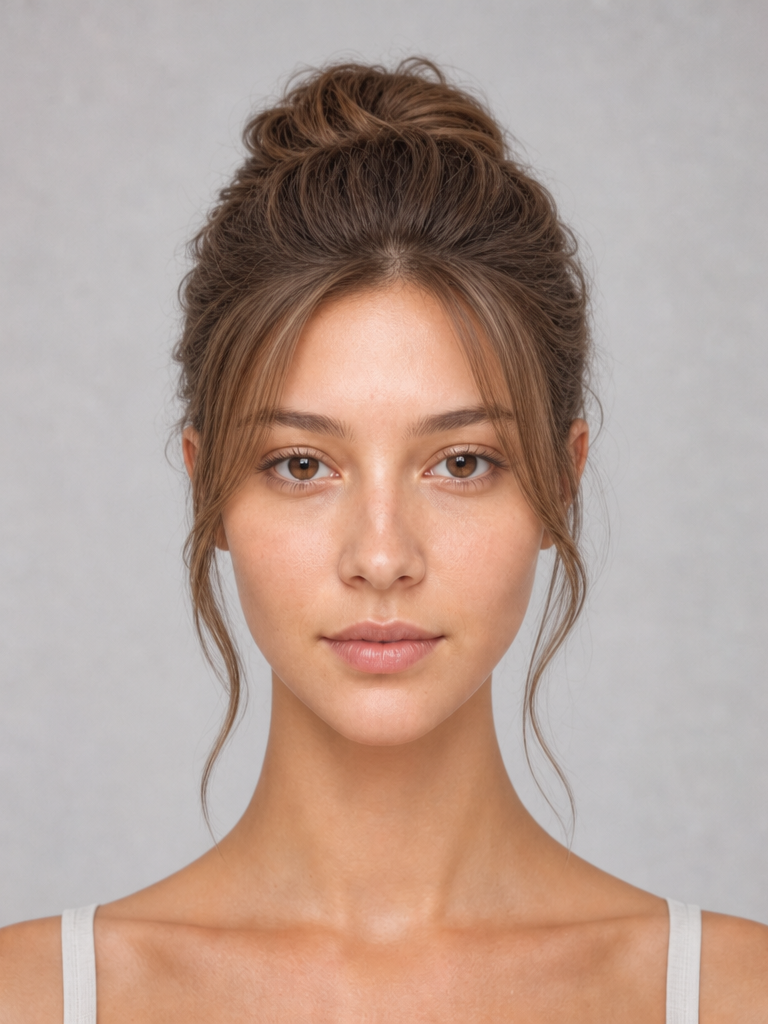 Messy high bun hairstyle for triangle face shape