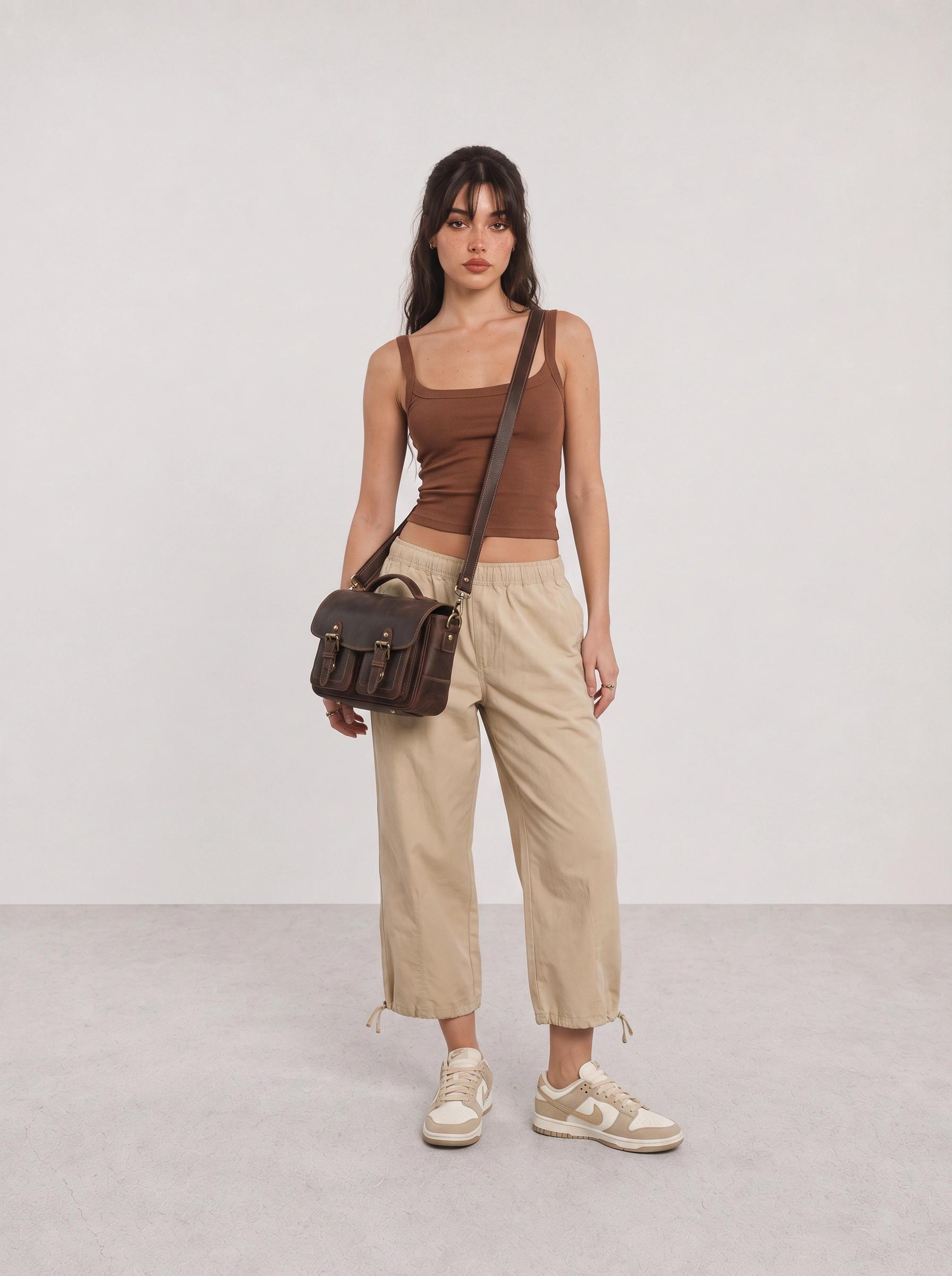 Brown Tank and Beige Cargo Pants Travel Outfit